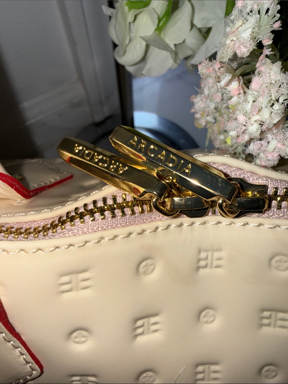 Arcadia Cream Patent Satchel with Red Trim - Picture 5 of 14